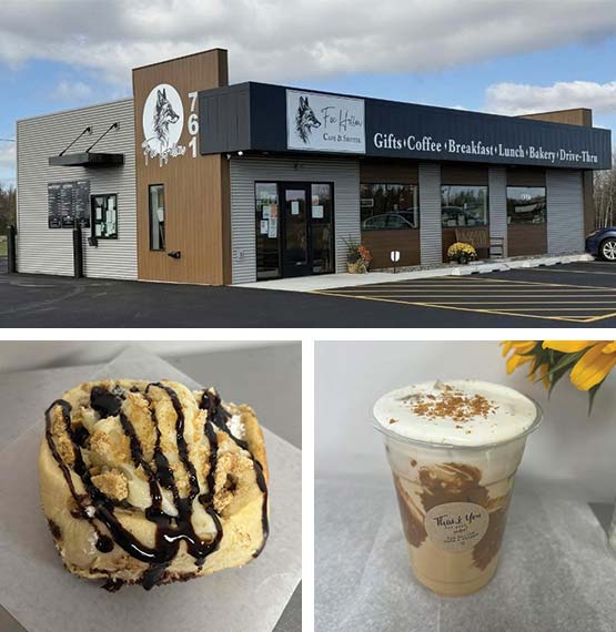 Collage of images for Fox Hollow. There's an image of their cafe, a baked good, and a latte.