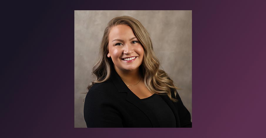 gradient purple background with square headshot of Calli Scheel, new Branch Manager for AbbyBank in Wausau