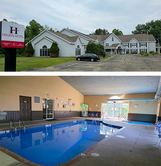 photo of outside of Haven Hotel building and sign in Shawano above a photo of their pool and hot-tub
