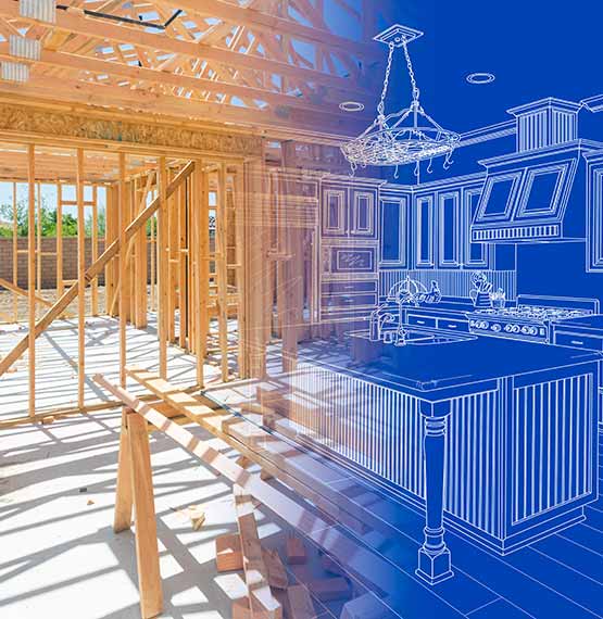 new construction home framework gradating into blueprint of kitchen design 