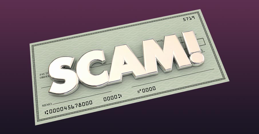 large 3D SCAM! word on top of blank check on an eggplant to dark purple gradient background