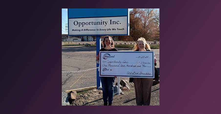 AbbyBank Foundation check presentation to Opportunity, Inc. 