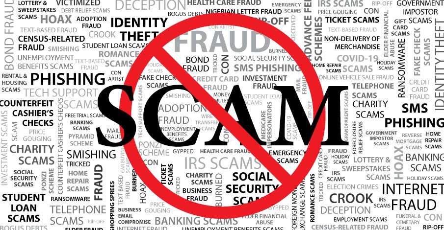 various scam and fraud related words with large red circle crossing out a large SCAM word