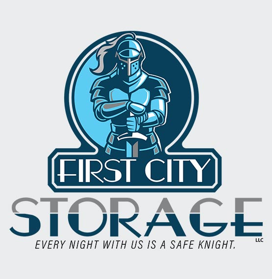 logo for First City Storage with an image of a knight and their tagline "Every night with us is a safe knight."