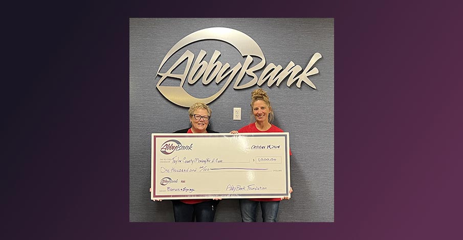 AbbyBank Foundation check presentation to Taylor County Moving For a Cure