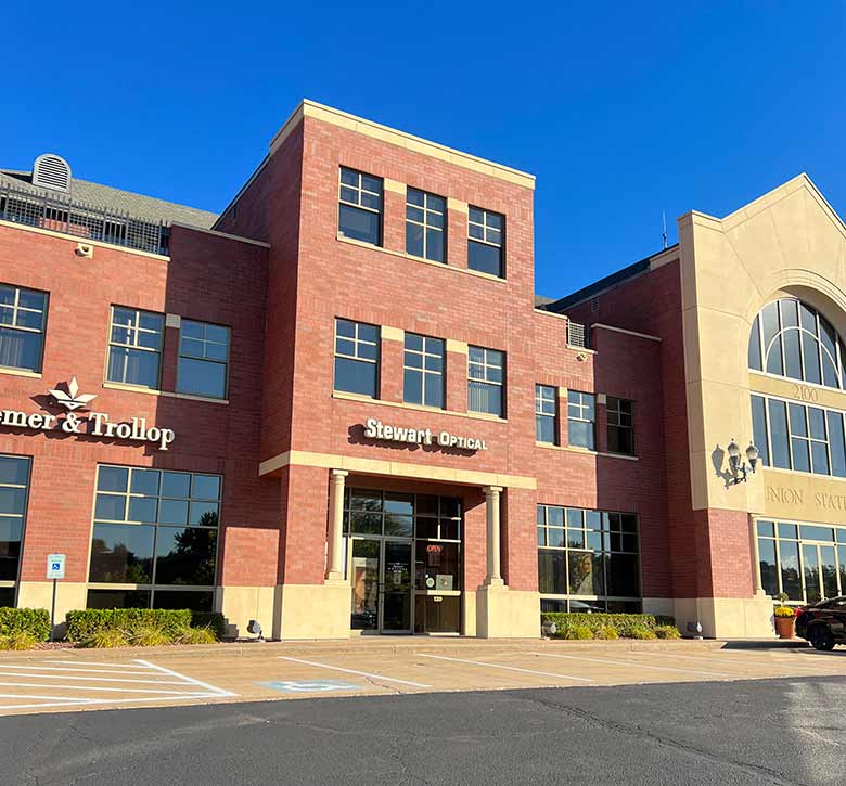 view of Union Station plaza in Wausau with Stewart Optical in it