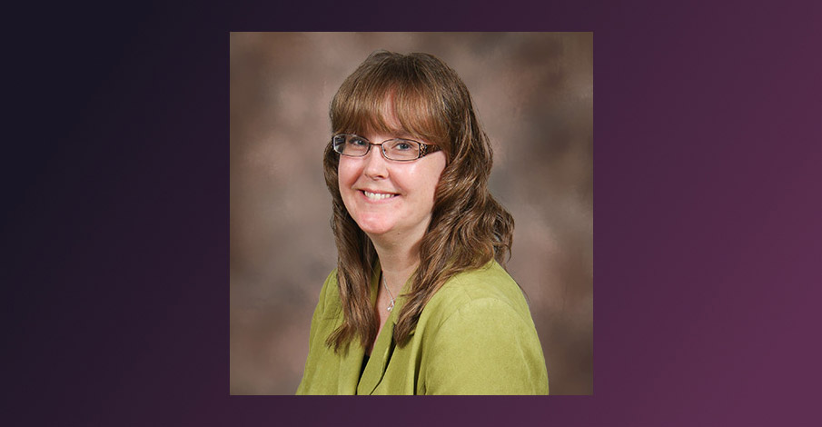 Carmen Woiak, Abbotsford Assistant Branch Manager headshot over purple gradient background