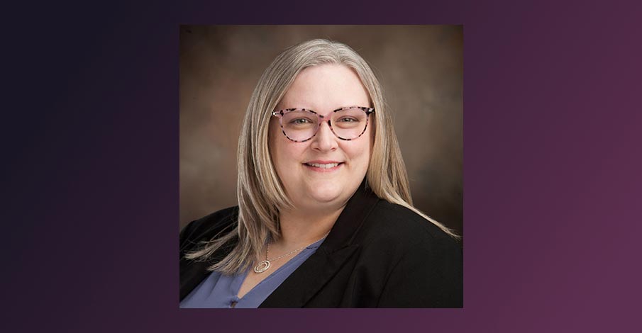 Carrie Heltsley, Personal Banker headshot over purple gradient background