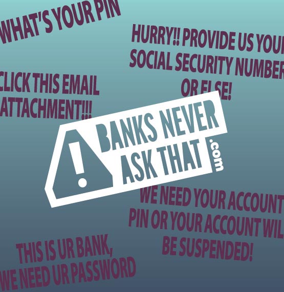blue gradient background with scammer sayings in eggplant and white Banks Never Ask That overlaying it