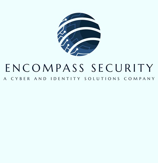 blue globe icon with the words "Encompass Security" in large letters and smaller letters underneath saying "A Cyber and Identity Solutions Company"